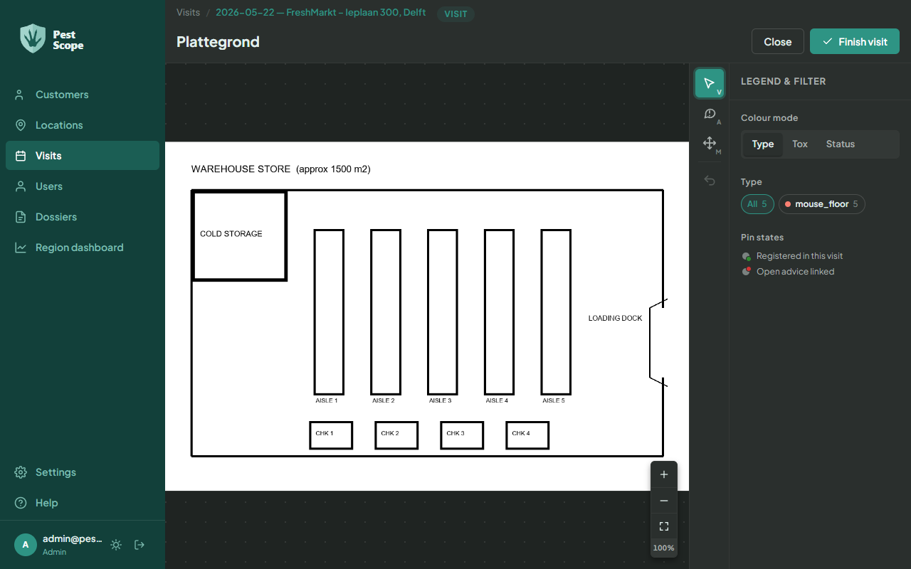 The floor plan step of the visit wizard: the location's floor plan with the legend and filter on the right.