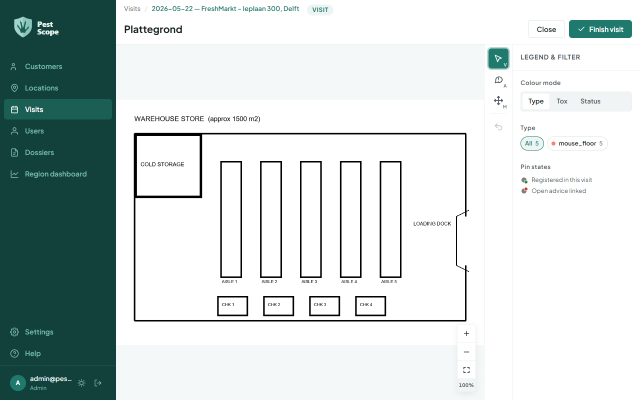 The floor plan step of the visit wizard: the location's floor plan with the legend and filter on the right.