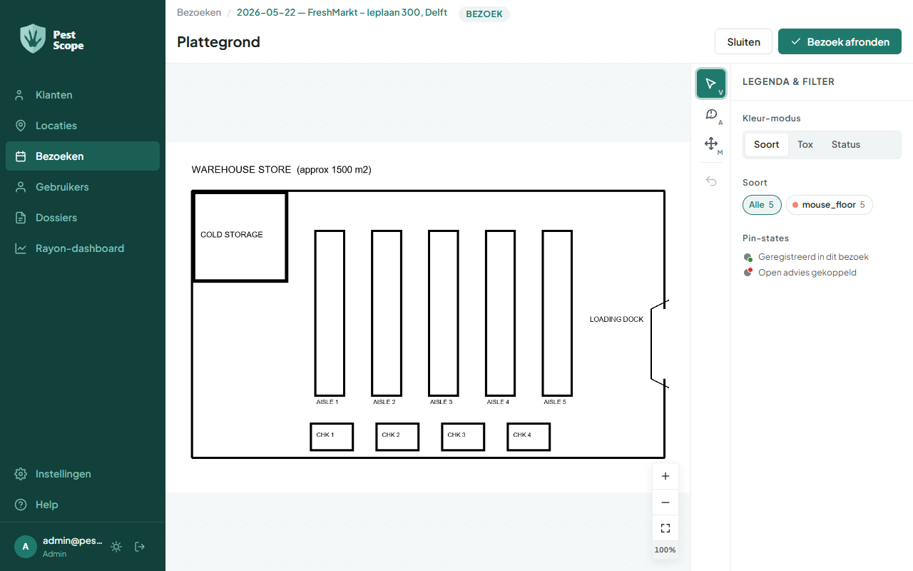 De plattegrond-stap van de bezoek-wizard: de plattegrond van de locatie met rechts de legenda en filter.