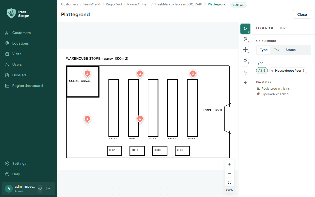 The floor plan editor: a floor plan with numbered depots, the drawing tools on the left and the legend with filter on the right.
