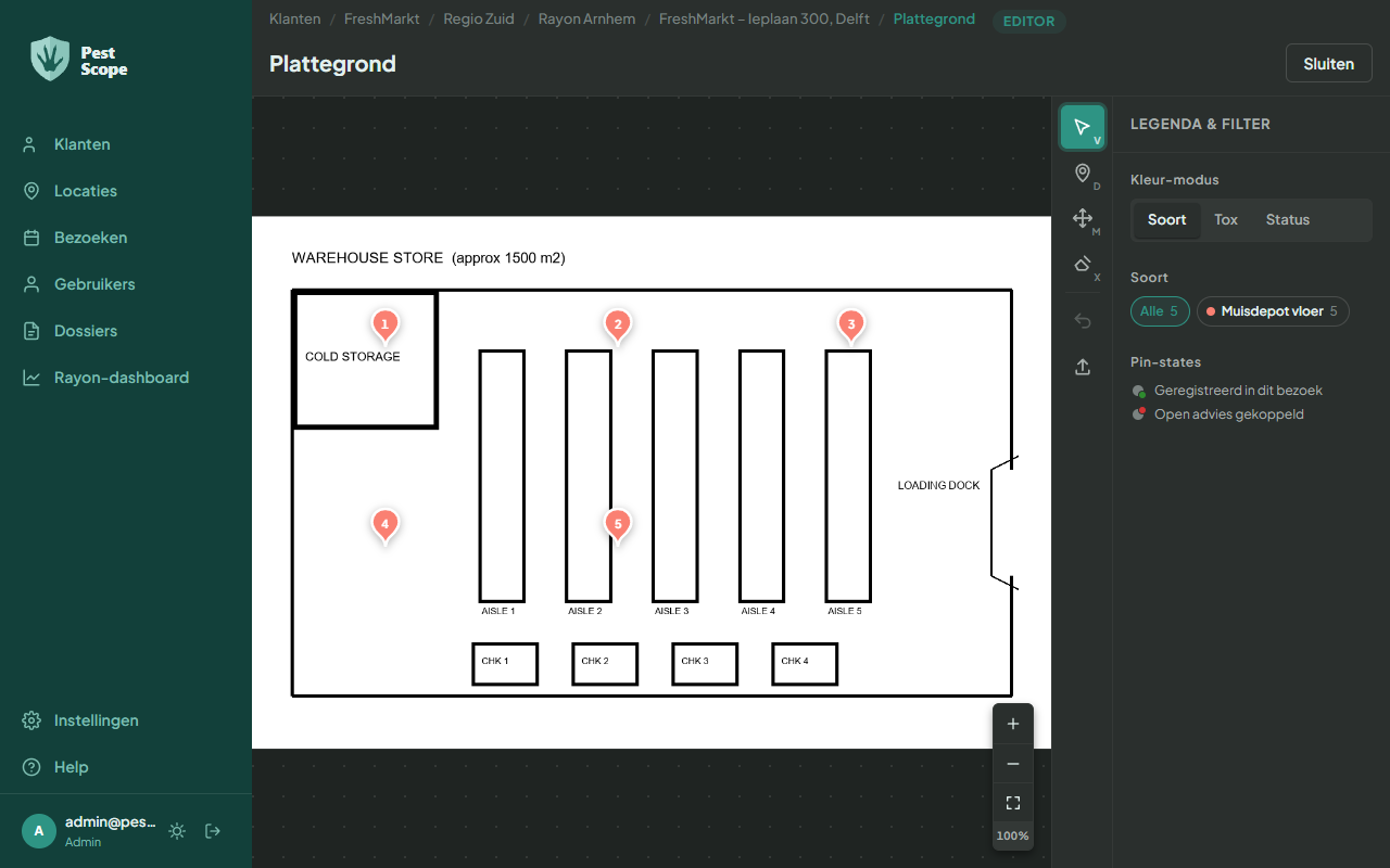 De plattegrond-editor: een plattegrond met genummerde depots, links de teken-tools en rechts de legenda met filter.