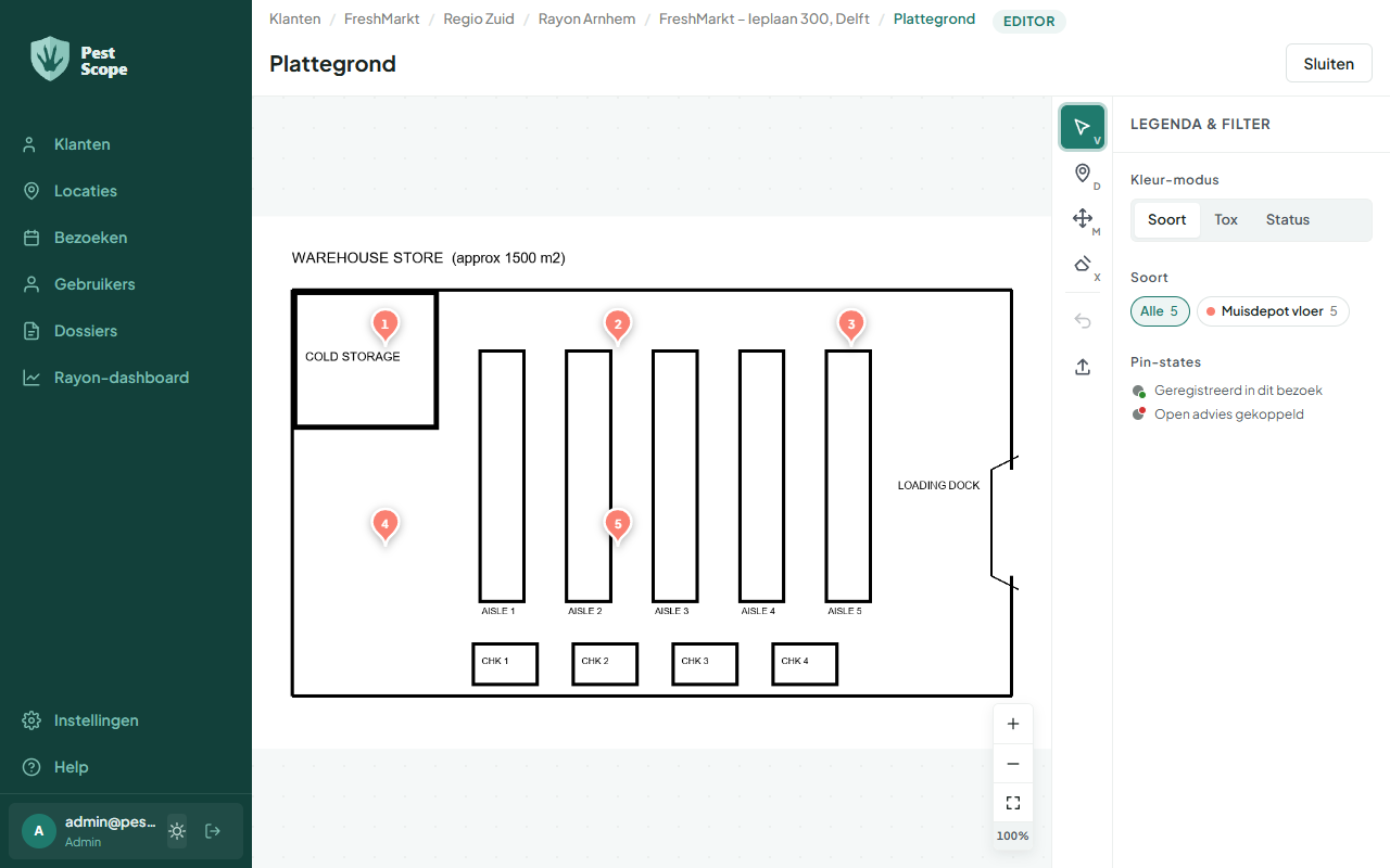 De plattegrond-editor: een plattegrond met genummerde depots, links de teken-tools en rechts de legenda met filter.